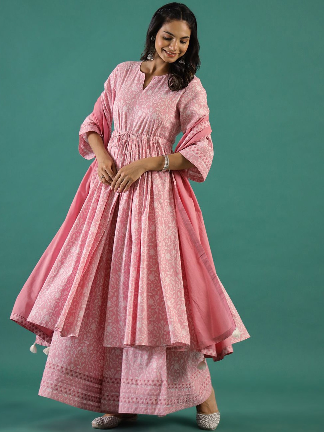 

Sangria Pink Floral Printed Notch Neck Pure Cotton Anarkali Kurta With Palazzos & Dupatta