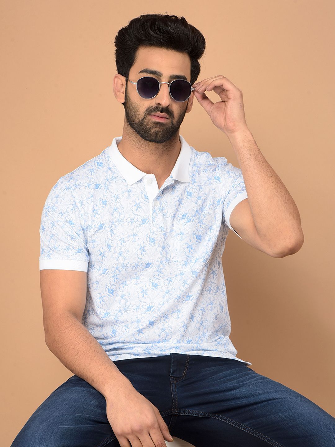 

Crimsoune Club Men Floral Printed Polo Collar Cotton Slim Fit T-shirt, White