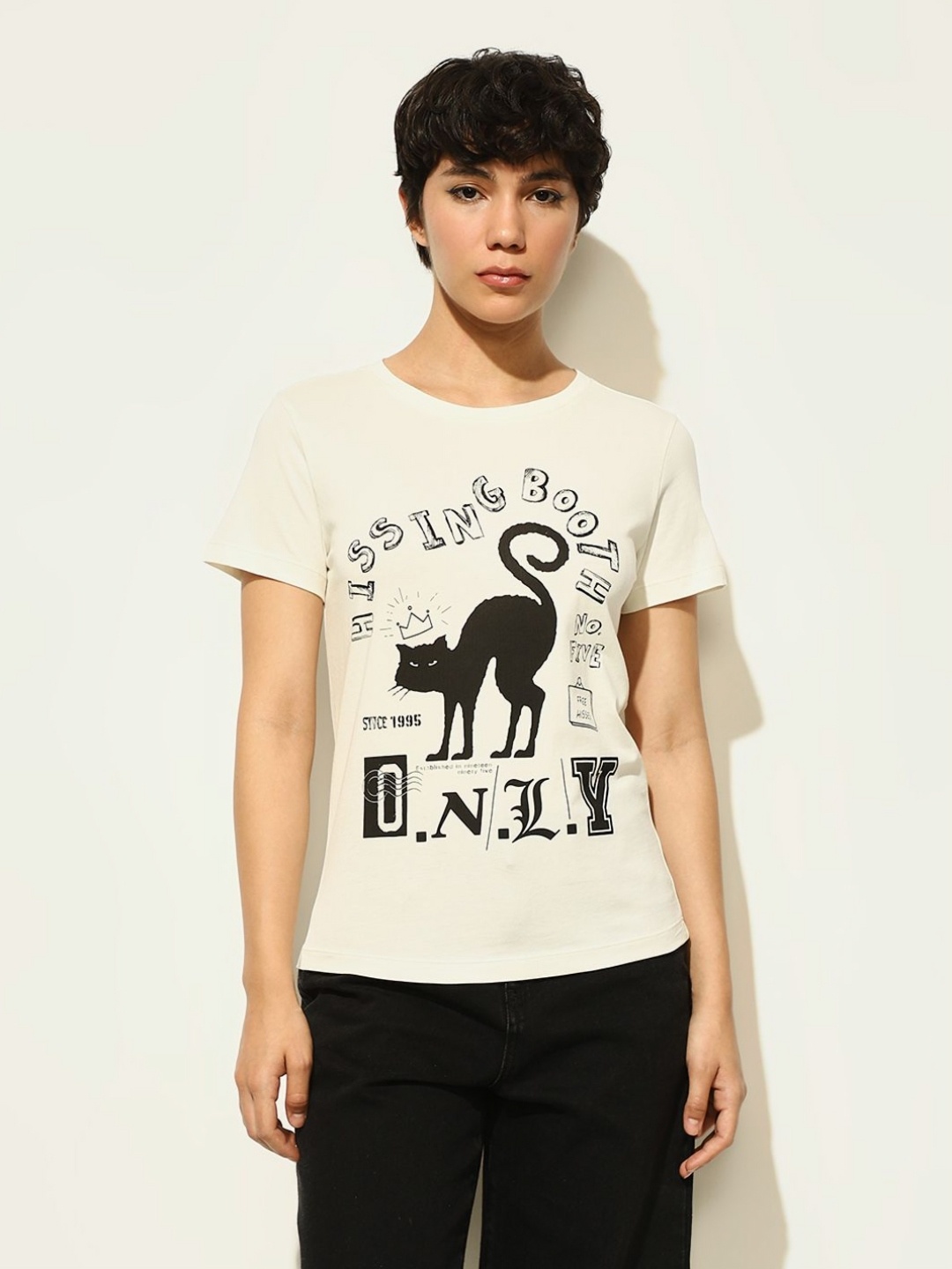 

ONLY Women Graphic Printed Round Neck Cotton T-shirt, Cream