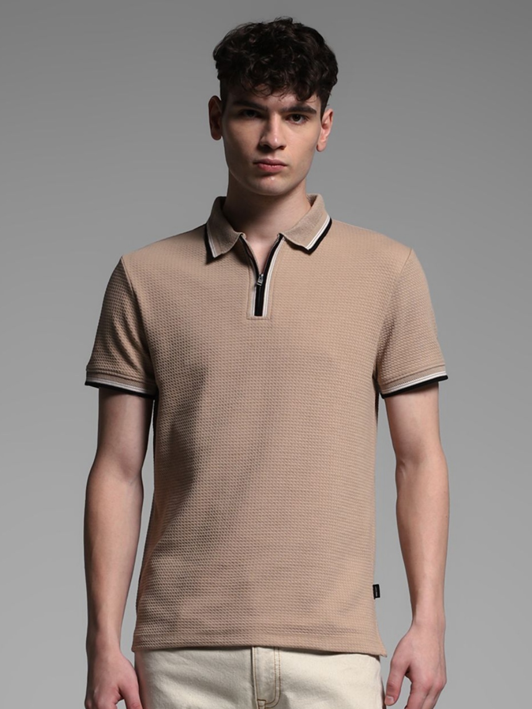 

Jack & Jones Men Self Design Polo Collar Cotton T-shirt, Brown