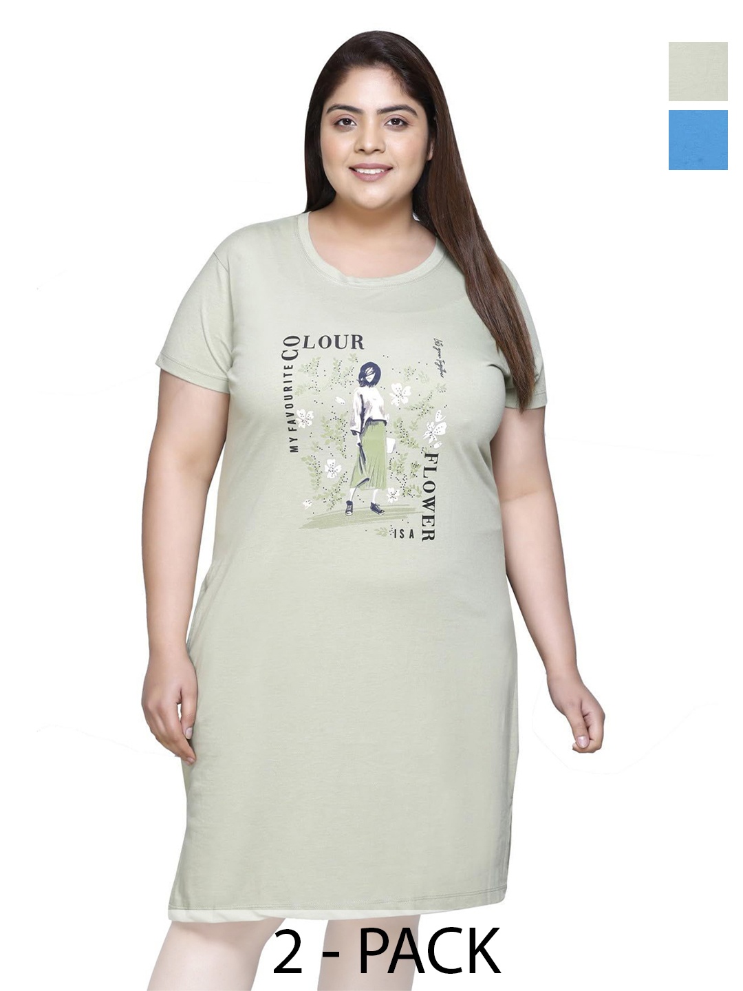 

IN Love Pack of 2 Women Plus Size Front Printed Cotton Nighty Chemise, Blue