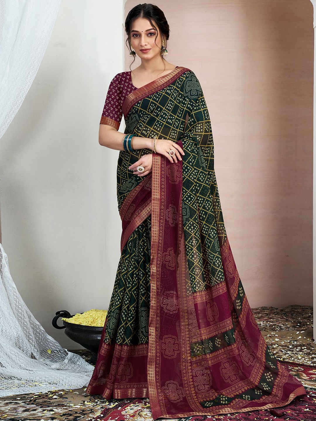 

KALINI Printed Zari Pure Chiffon Bandhani Saree, Green