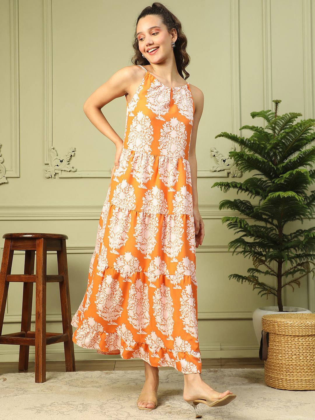 

Oxolloxo Women Tropical Print Round Neck Shoulder Strap Long Flare Maxi Dress, Orange