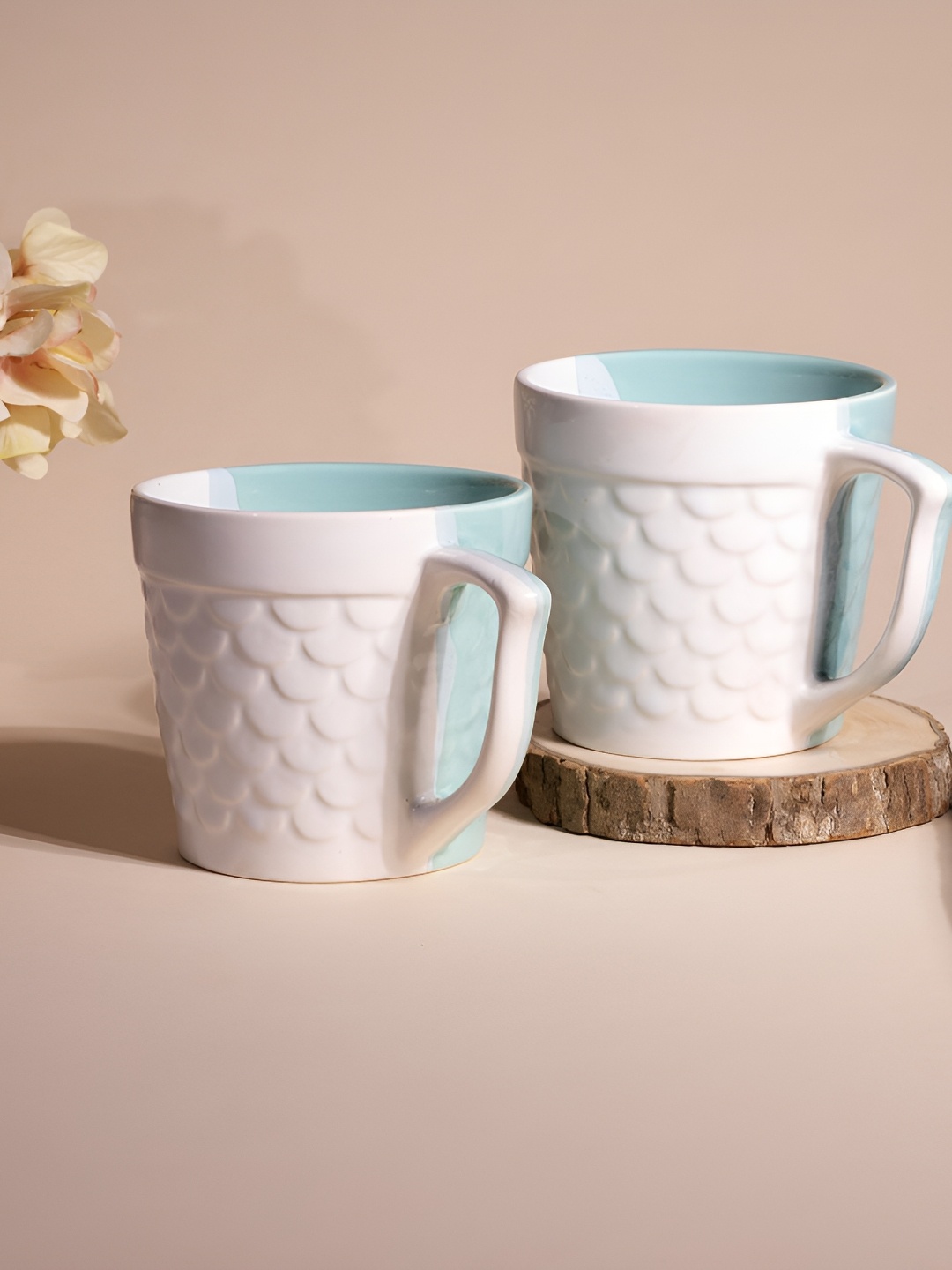 

Storepedia Blue & White 2 Pieces Textured Ceramic Glossy Coffee Mugs 150 ml Each