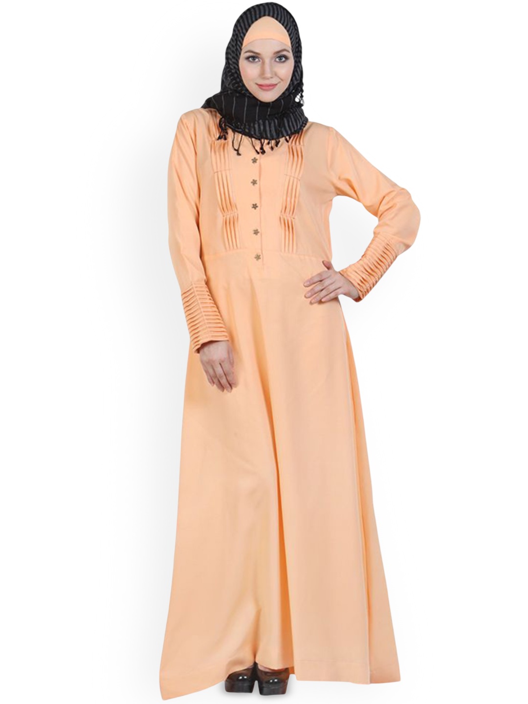 

MOMIN LIBAS Front Button Pleated Full Sleeves Abaya Burqa, Peach