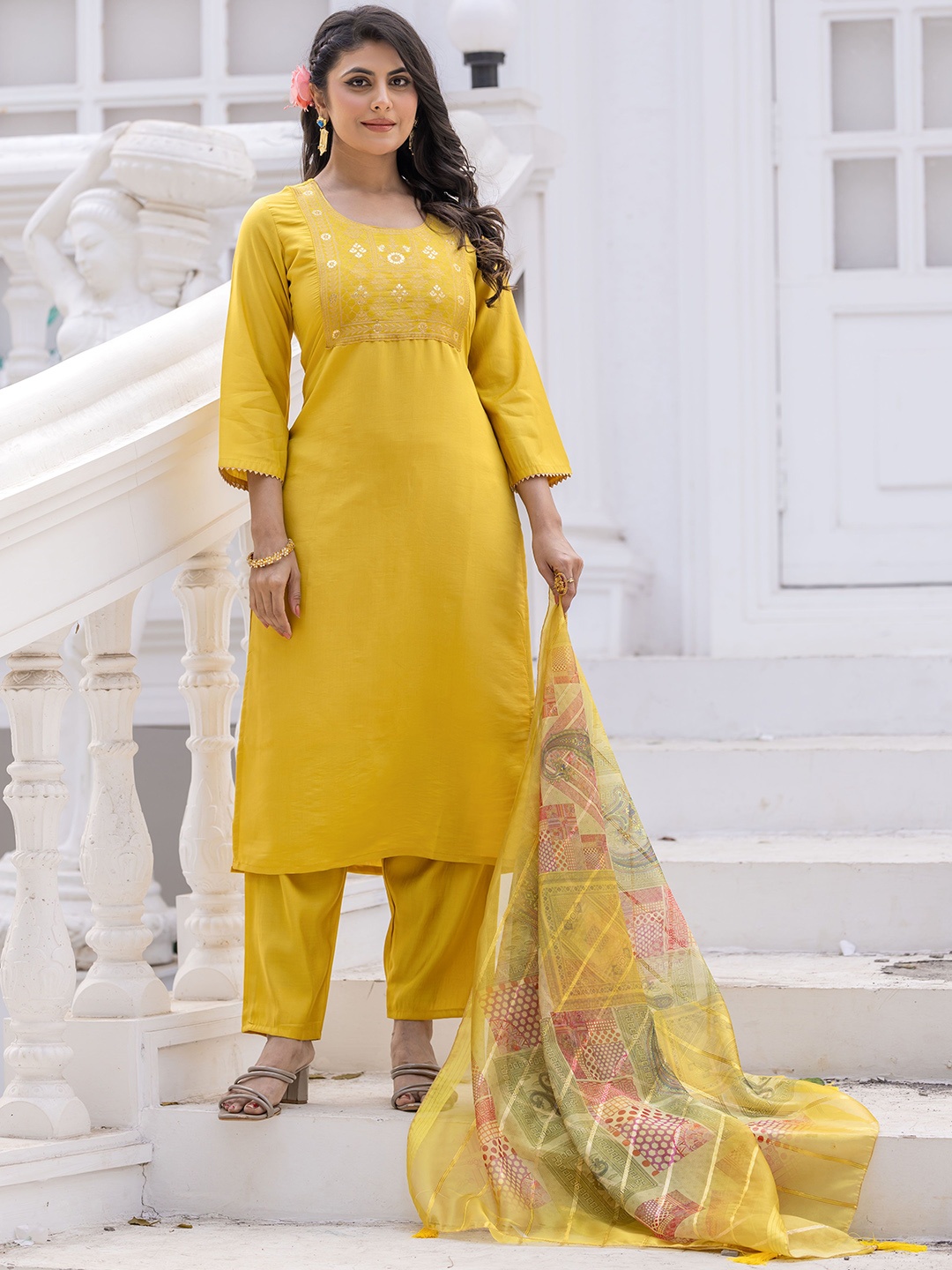 

Siya Fashion Floral Yoke Design Straight Kurta With Trouser & Dupatta, Yellow