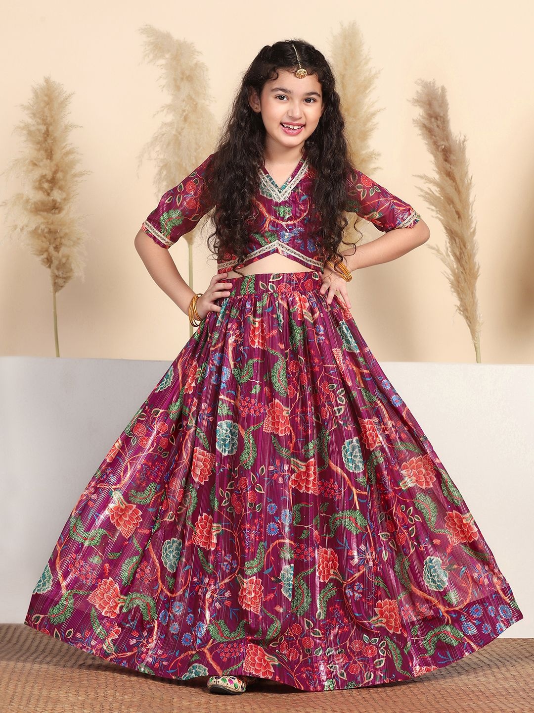 

Sangria Printed Lehenga With Choli, Maroon