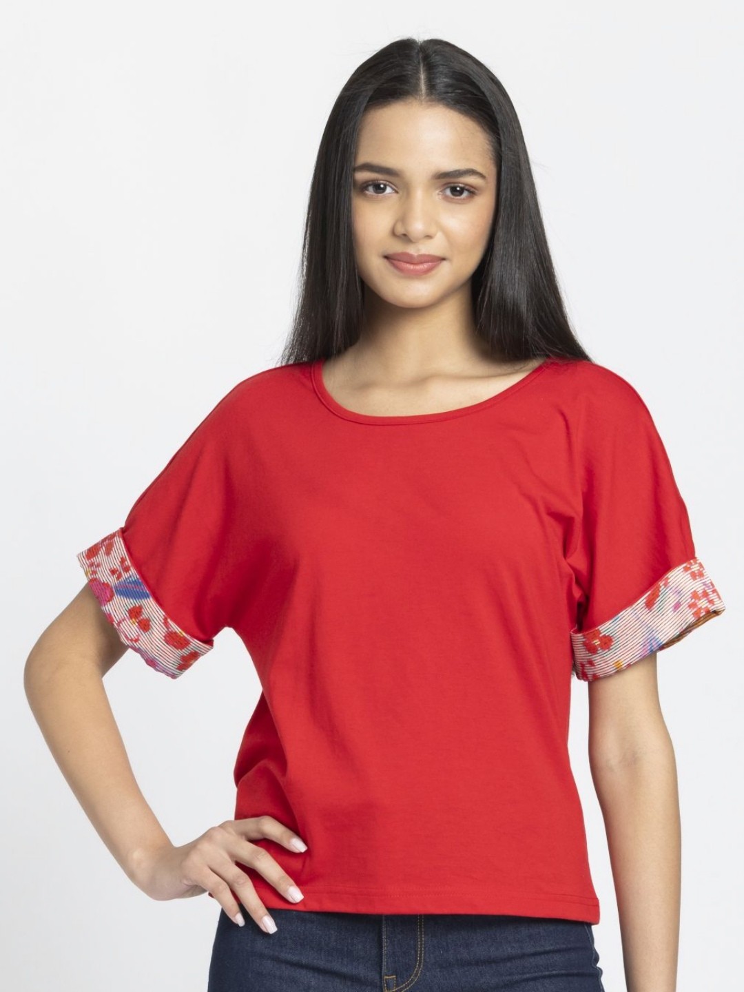 

SHAYE Women Solid Round Neck Cotton Relaxed Fit T-shirt, Red