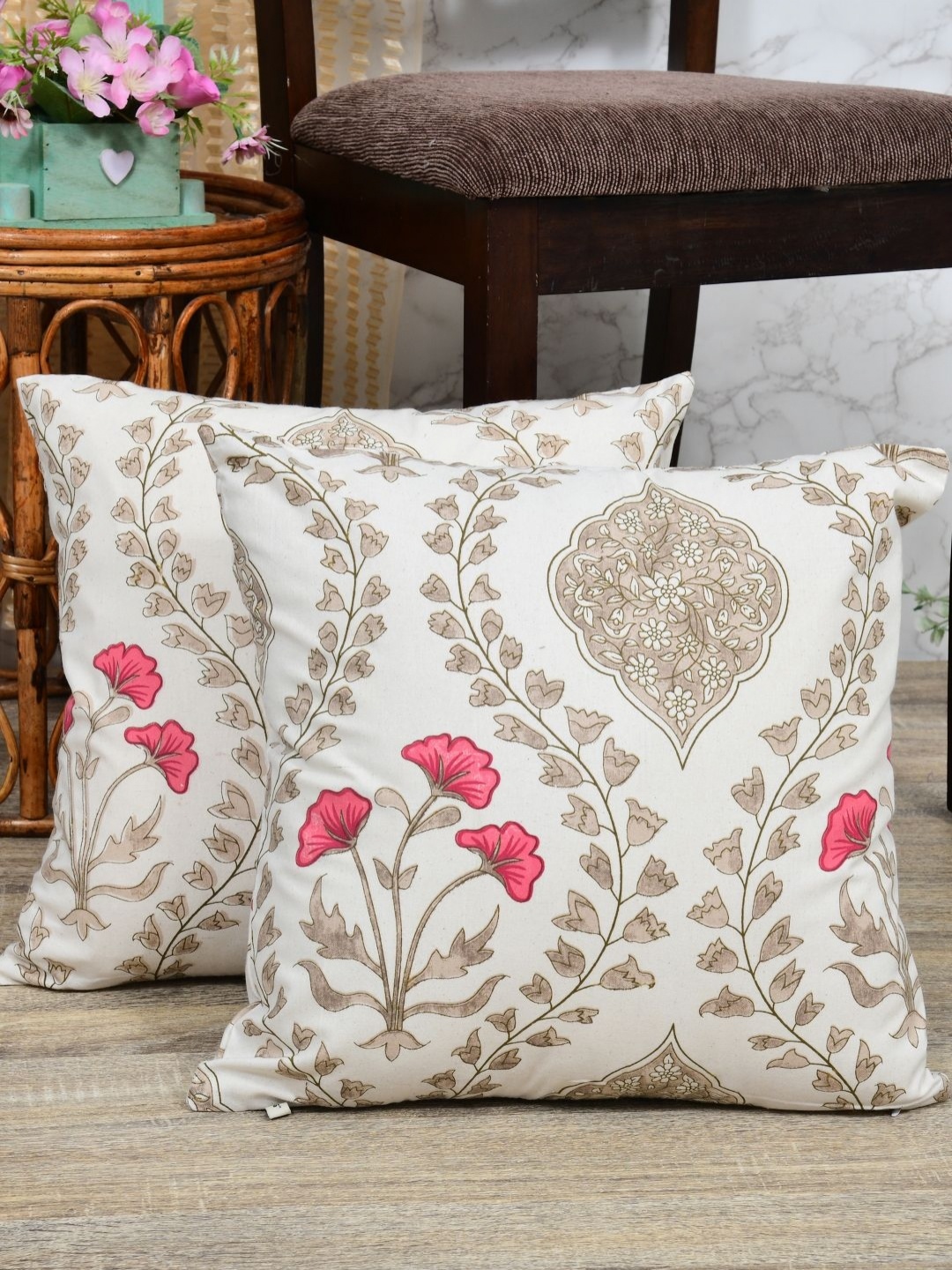 

Clasiko White & Beige 2 Pieces Floral Printed Cotton Square Cushion Covers