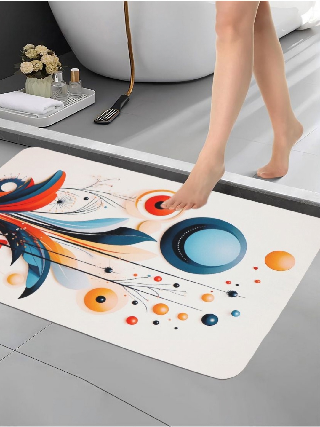 

Aura White & Blue Printed Anti Skid Bath Rug