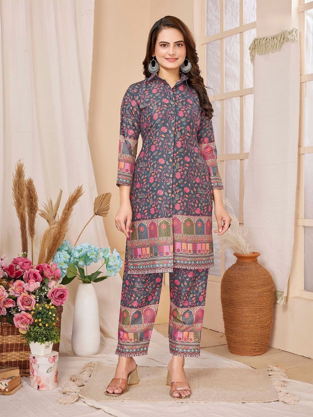 

Odette Floral Printed Shirt Collar Tunic With Trouser Co-Ords, Navy blue