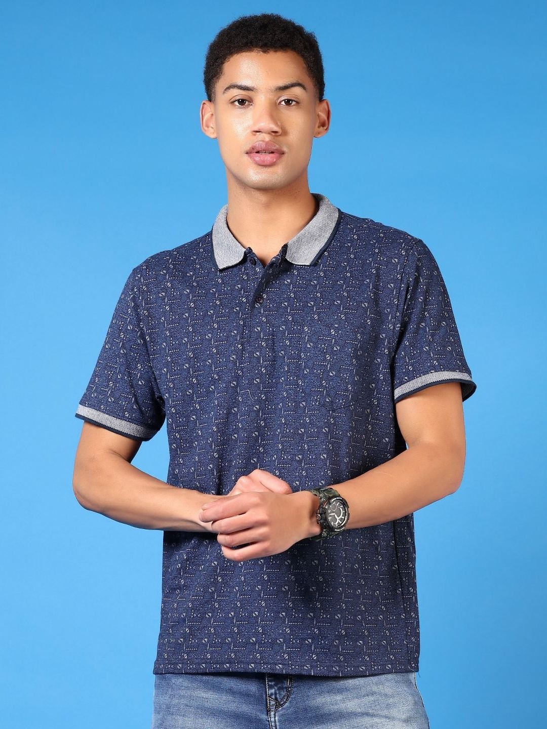 

V-Mart Men Geometric Printed Polo Collar Cotton T-shirt, Navy blue