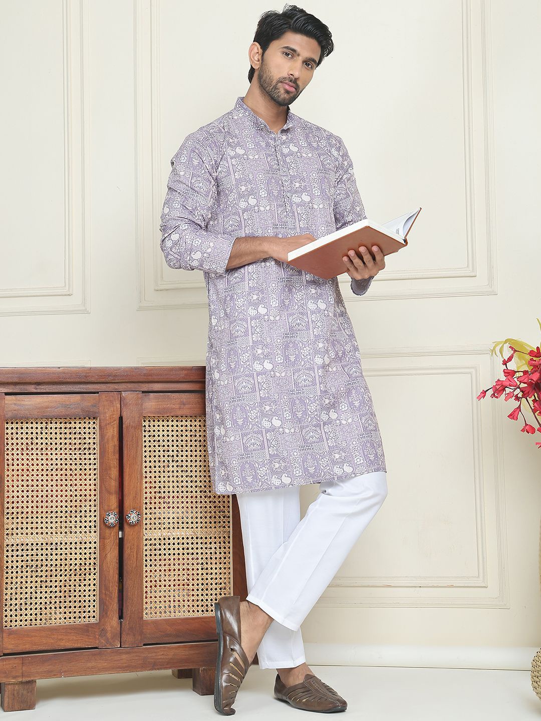 

Anouk Grey Ethnic Motifs Embroidered Mandarina Collar Kurta With Pyjama