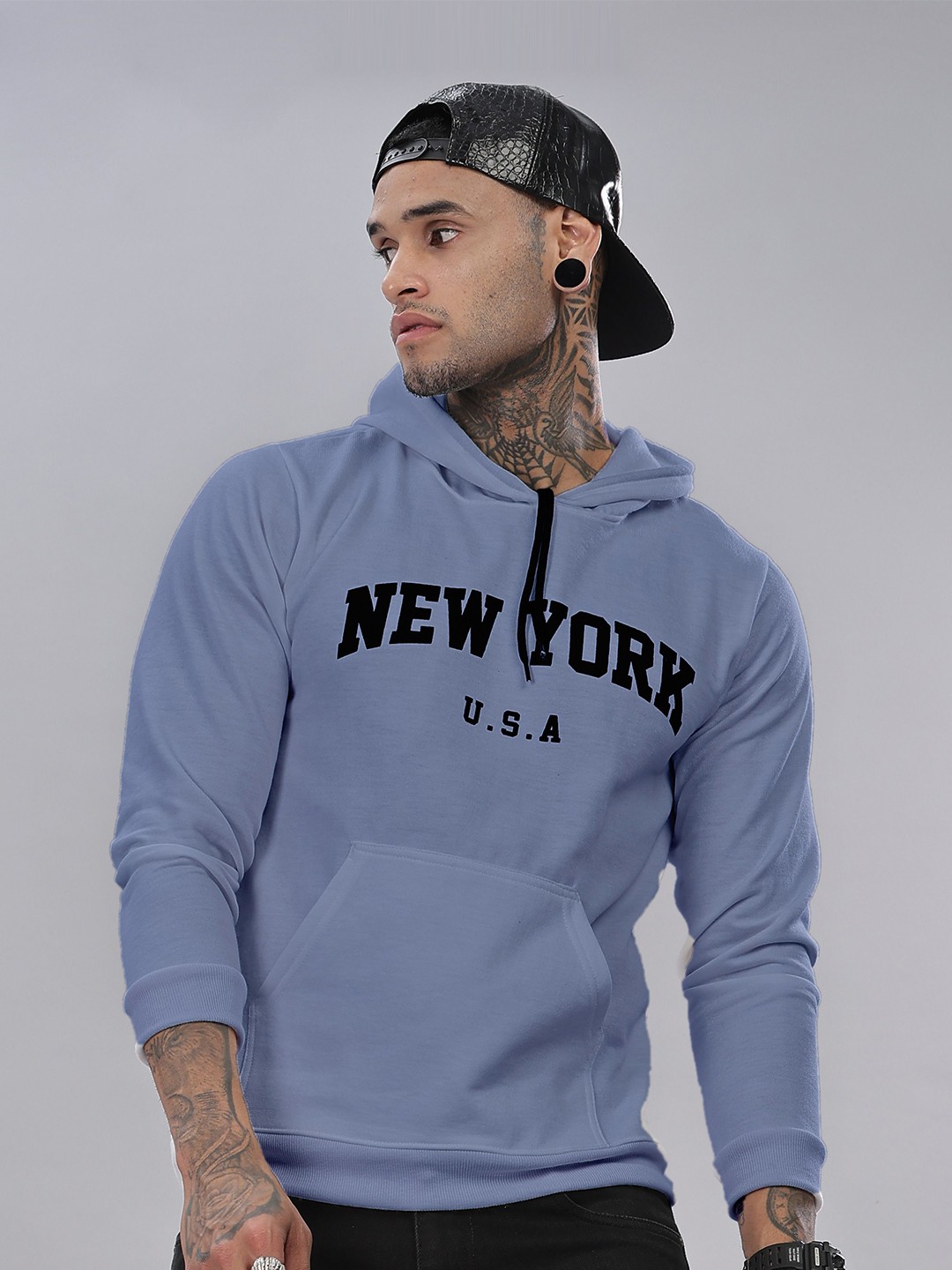 

FABRIPPLE Men Printed Hooded Pullover Sweatshirt, Blue