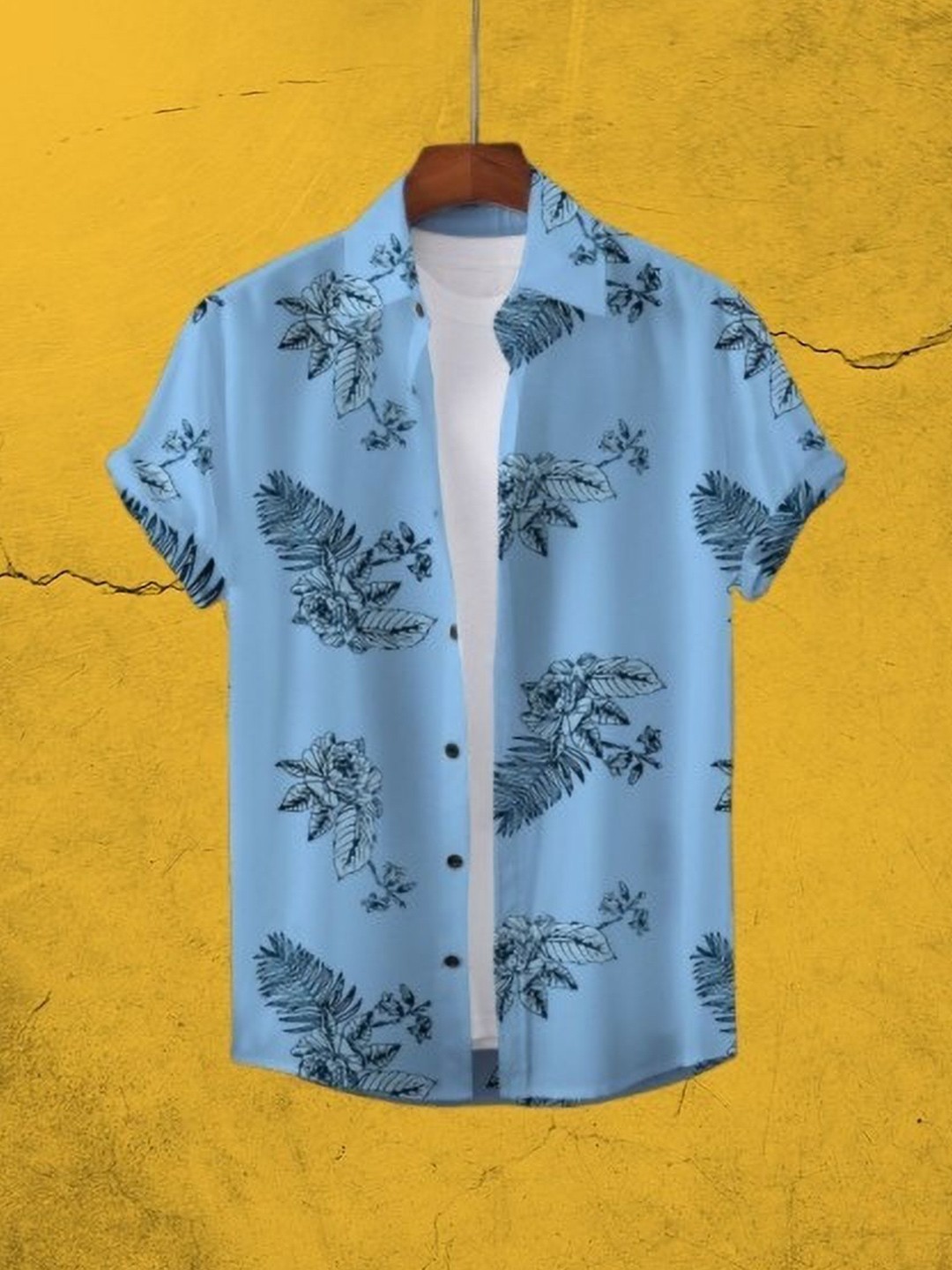 

iCome Men Slim Fit Spread Collar Floral Printed Cotton Linen Casual Shirt, Blue