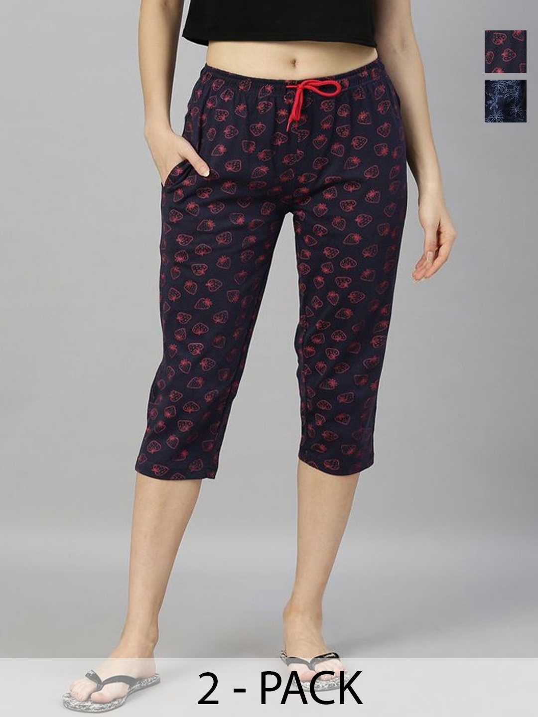 

Kryptic Women Pack of 2 Cotton Printed Capris, Navy blue