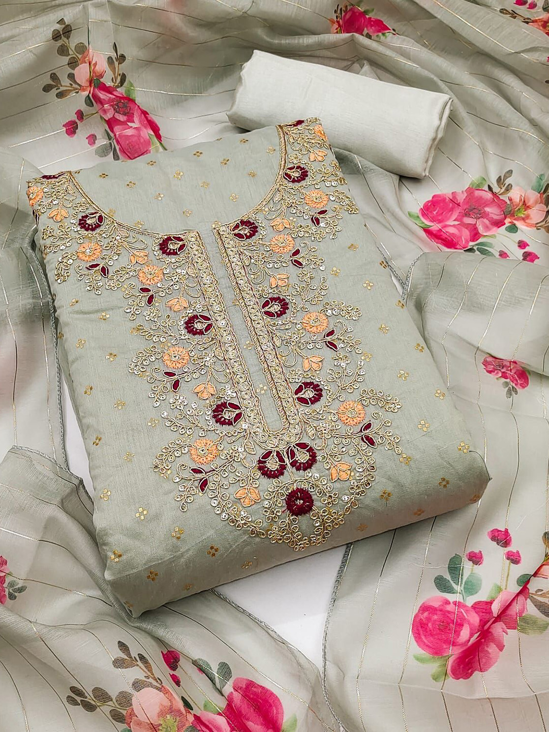 

BlissFlair Floral Embroidered Chanderi Cotton Unstitched Dress Material, Grey