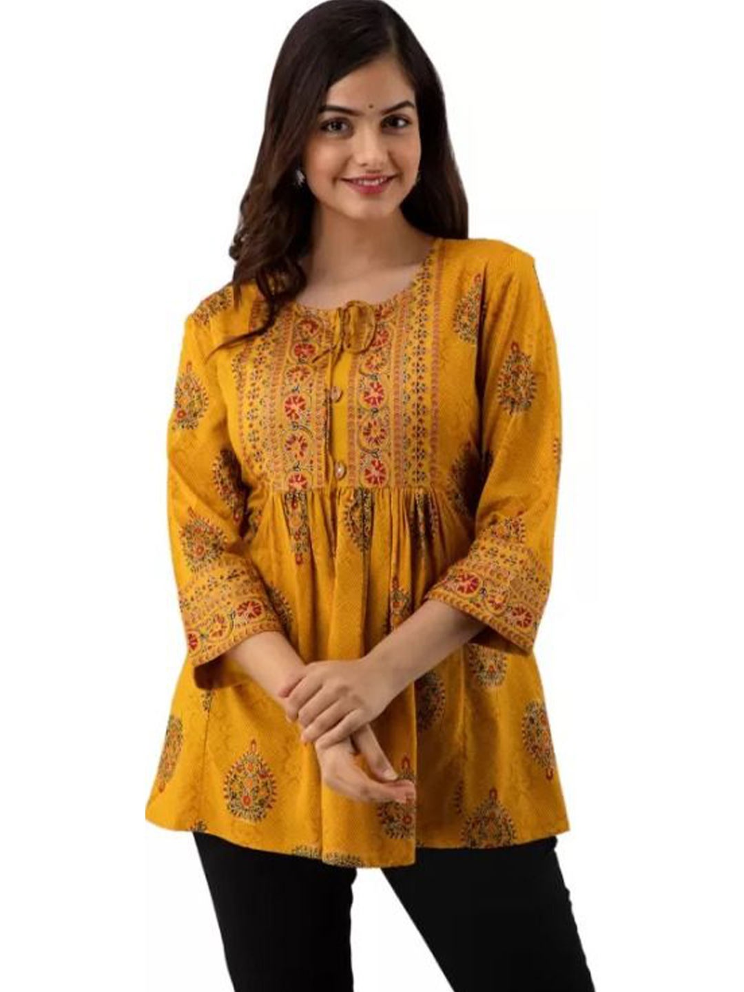 

AAFAMI Women Floral Printed Round Neck Cotton Top, Mustard