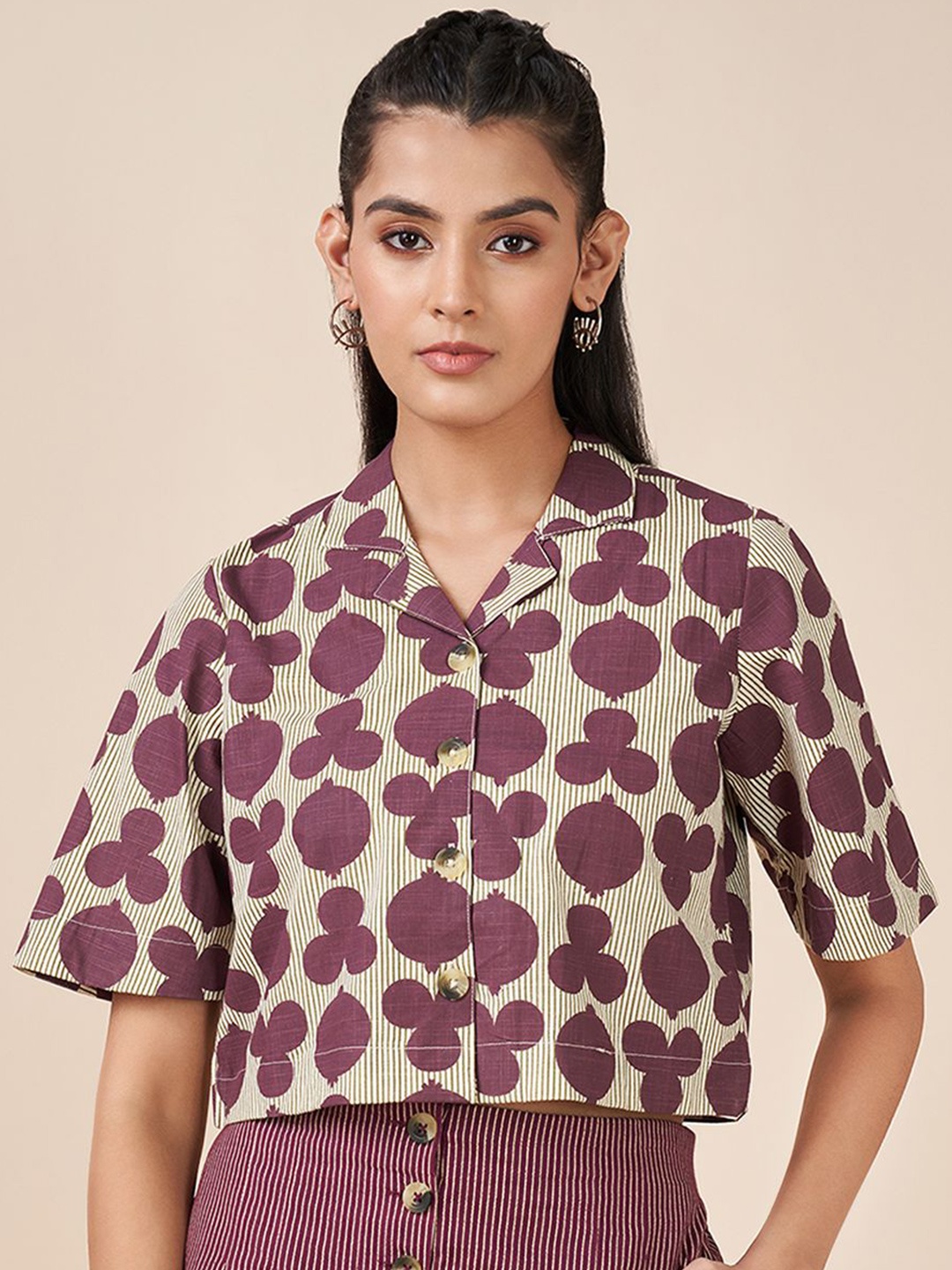 

AKKRITI BY PANTALOONS Floral Print Regular Sleeves Cotton Shirt Style Crop Top, Purple