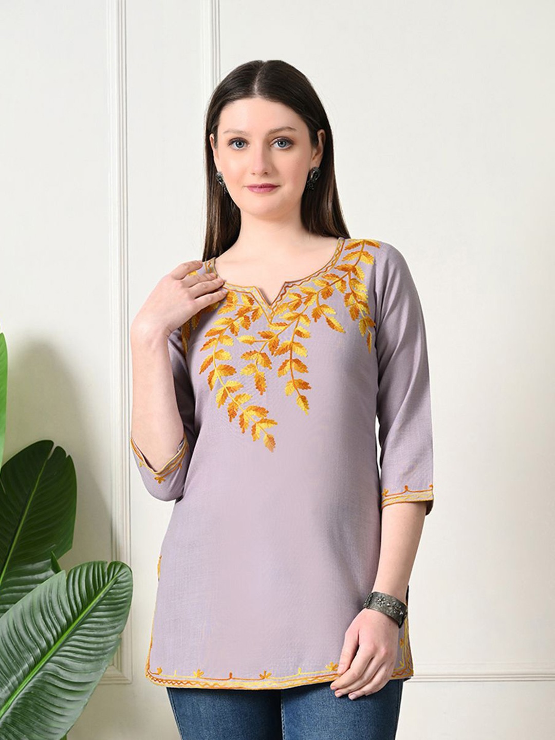 

KALINI Ethnic Motifs Yoke Design Thread Work Pure Cotton Thread Work Kurti, Grey