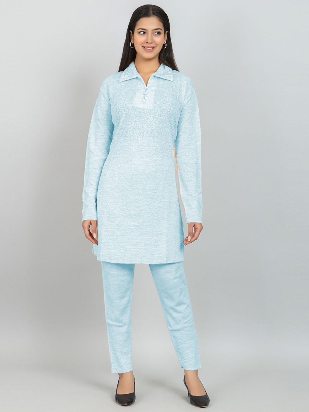 

Wool's Kart Self Design Polo Collar Tunic With Trouser, Blue