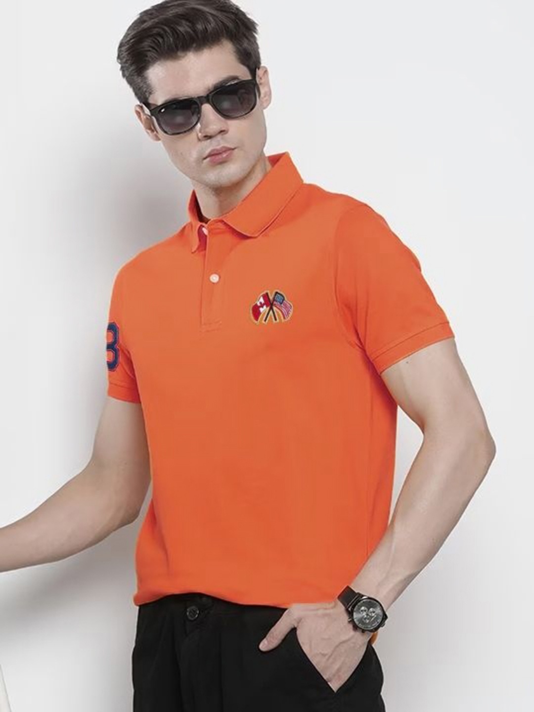 

MERRIMENT Men Solid Polo Collar Cotton T-shirt, Orange