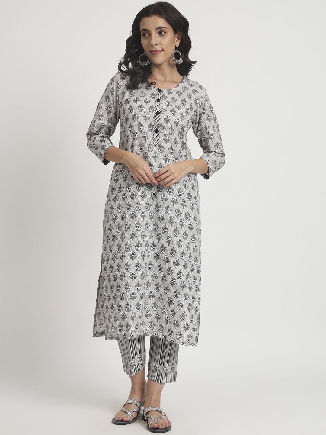 

ANGOORI FASHION Floral Printed Round Neck Straight Pure Cotton Kurta With Trousers, Grey