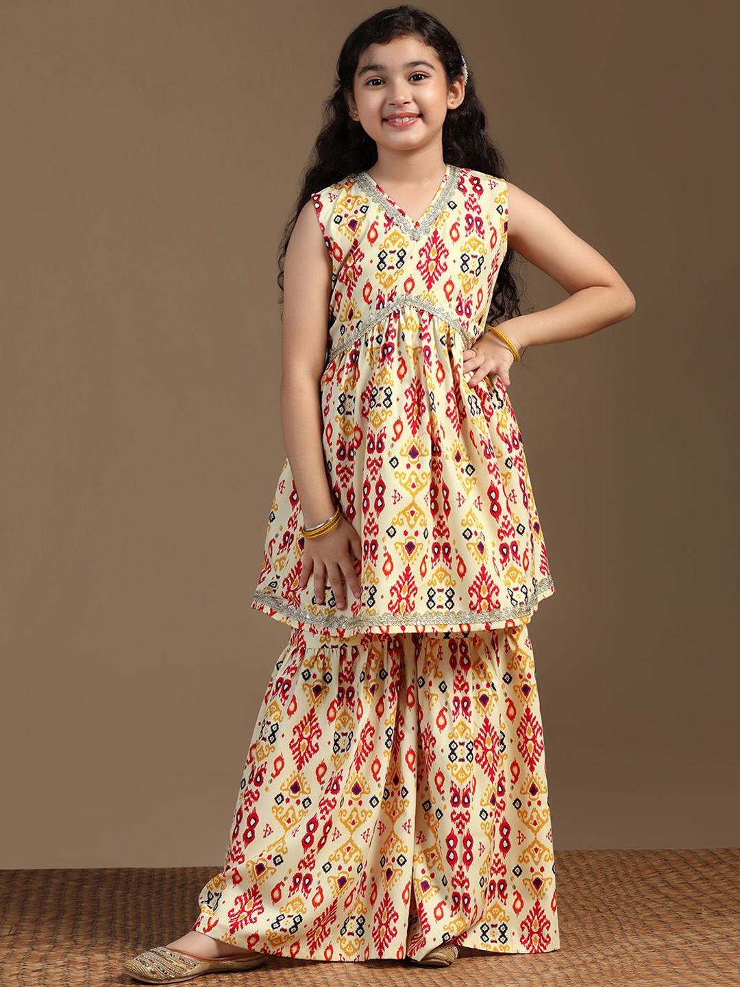 

Sangria Printed Pure Cotton V Neck Kurta With Trouser & Dupatta Set, Yellow