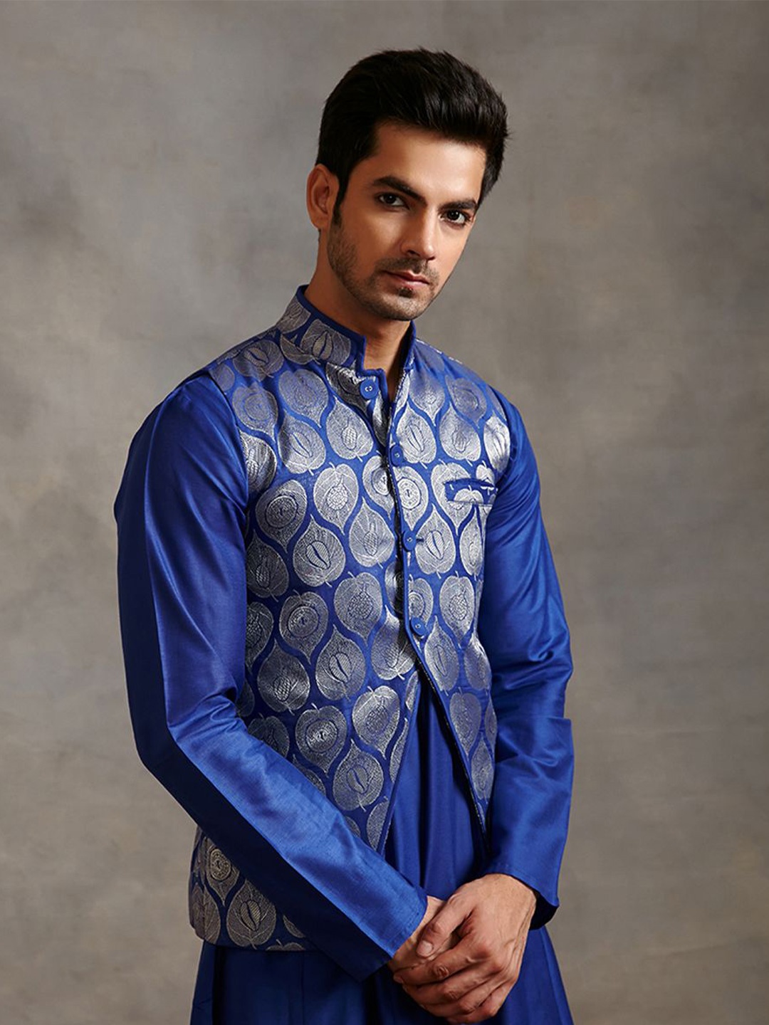 

Abhishti Men Zari Woven Design Cotton Nehru Jacket, Blue