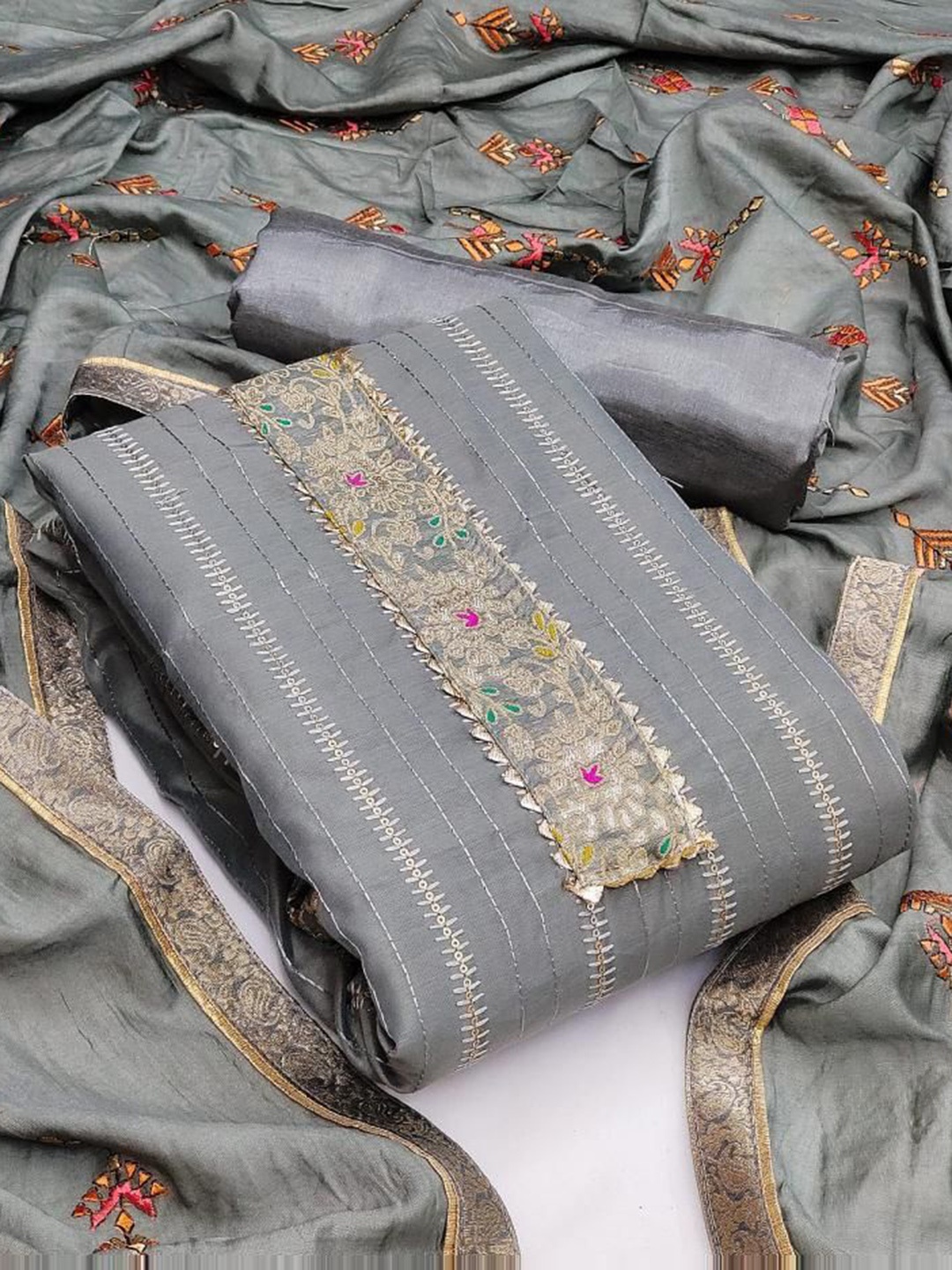 

KALINI Floral Embroidered Sequinned Chanderi Silk Unstitched Dress Material, Grey