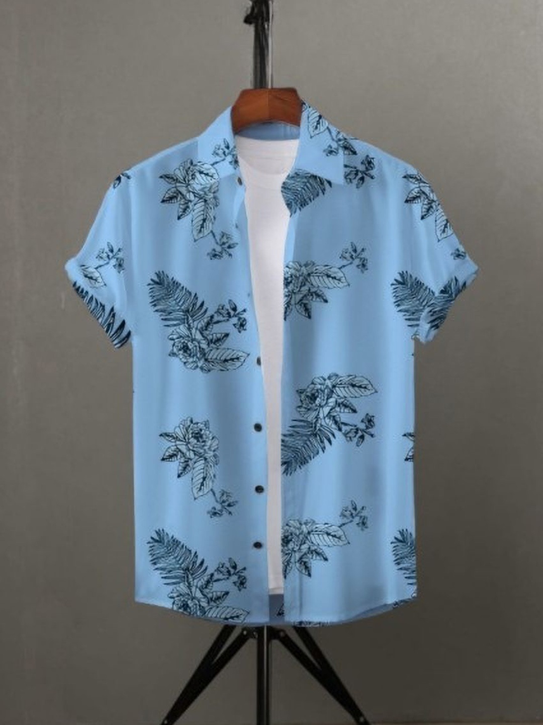 

iCome Men Slim Fit Spread Collar Floral Printed Casual Shirt, Blue