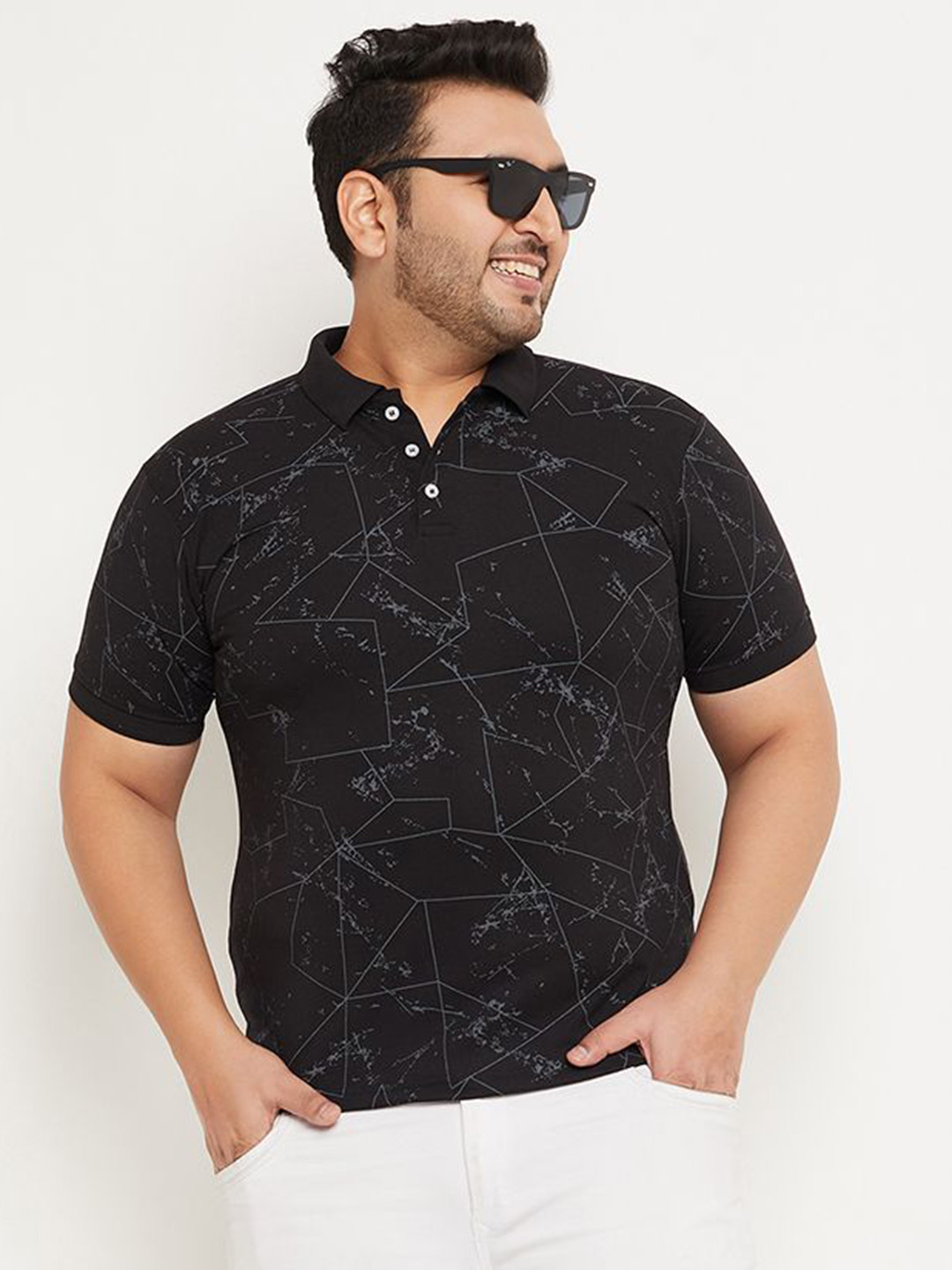 

RELANE Men Plus Size Geometric Printed Polo Collar Cotton T-shirt, Black