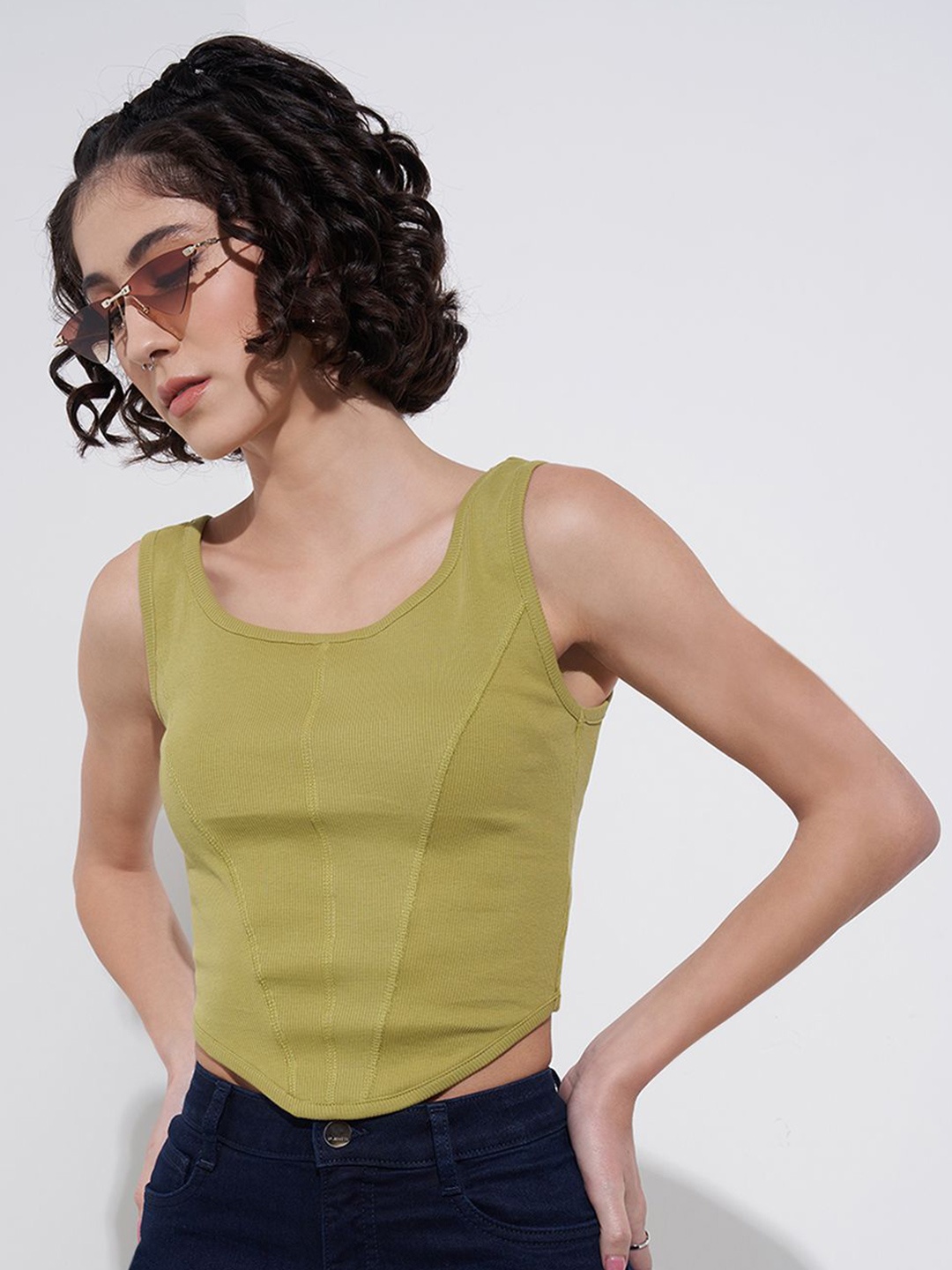 

SF JEANS by Pantaloons Women Ribbed Ribbed Scoop Neck Cotton Top, Olive