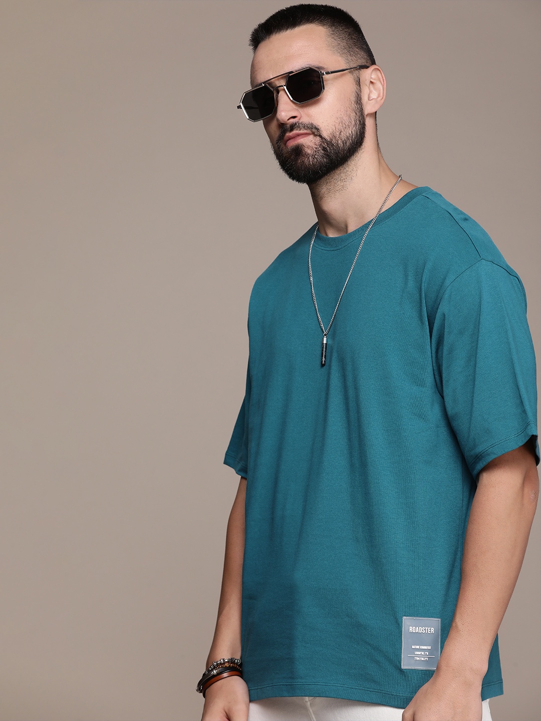 

The Roadster Life Co. Pure Cotton Solid Drop-Shoulder Sleeves Casual T-shirt, Teal