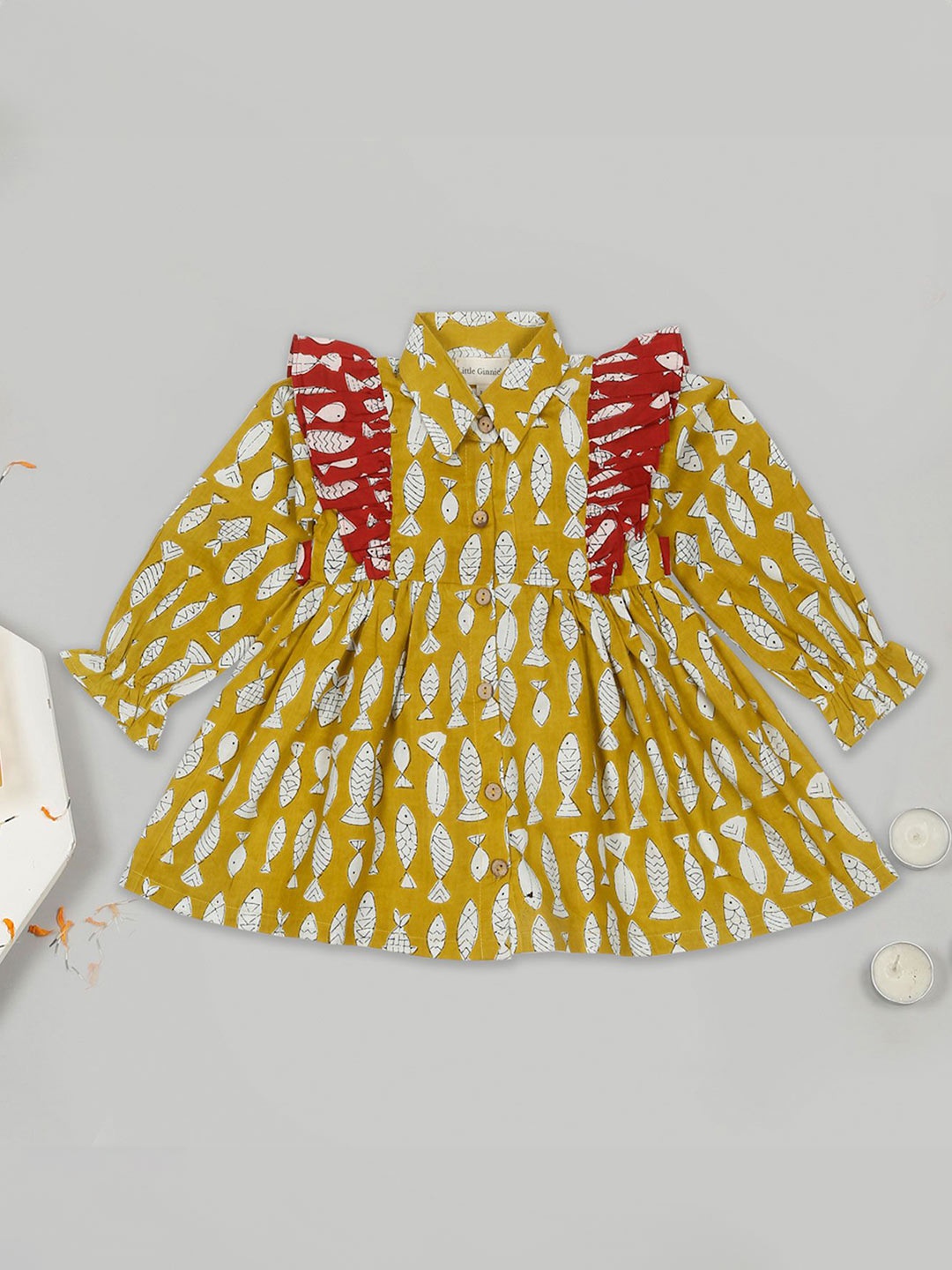 

LITTLE GINNIE Kids-Girls Print A-Line Button Closure Dress, Yellow