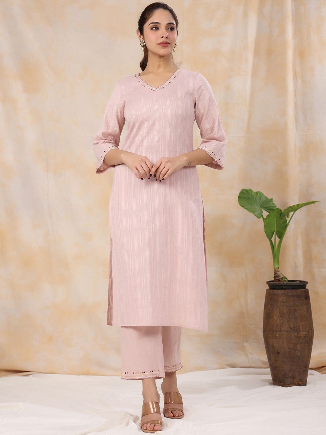 

Sangria Pink Striped V-Neck Thread Work Pure Cotton Straight Kurta With Trousers