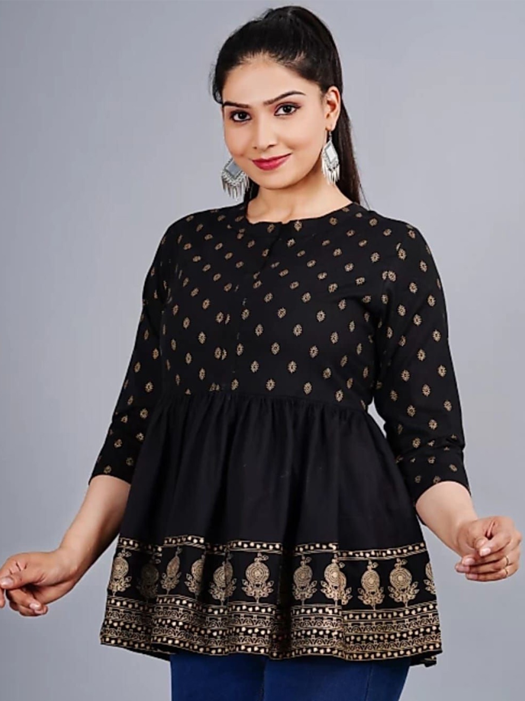 

AAFAMI Ethnic Motifs Cotton Peplum Top, Black