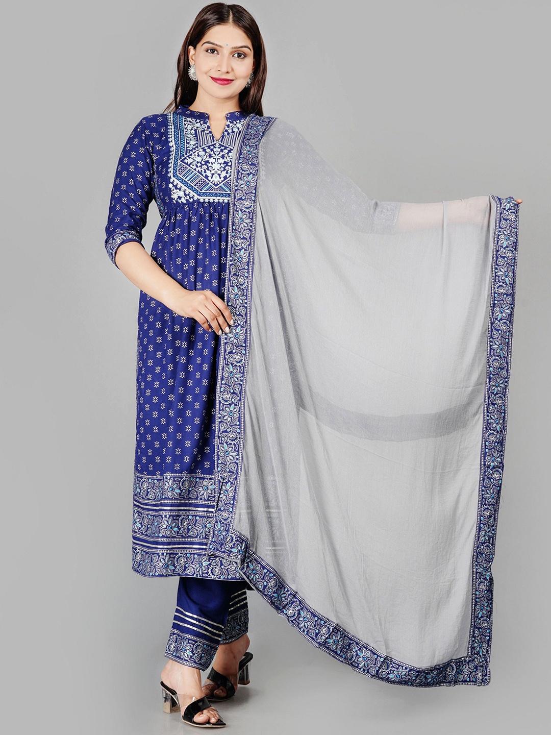 

rf clothes Women Ethnic Motifs Printed Regular Kurta with Trousers & With Dupatta, Blue