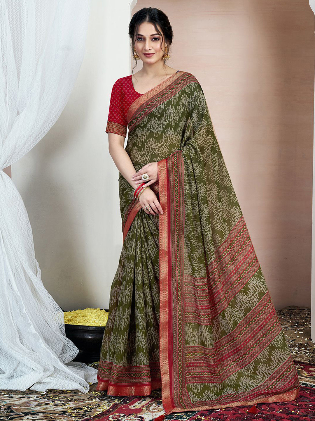 

KALINI Printed Zari Pure Chiffon Saree, Green
