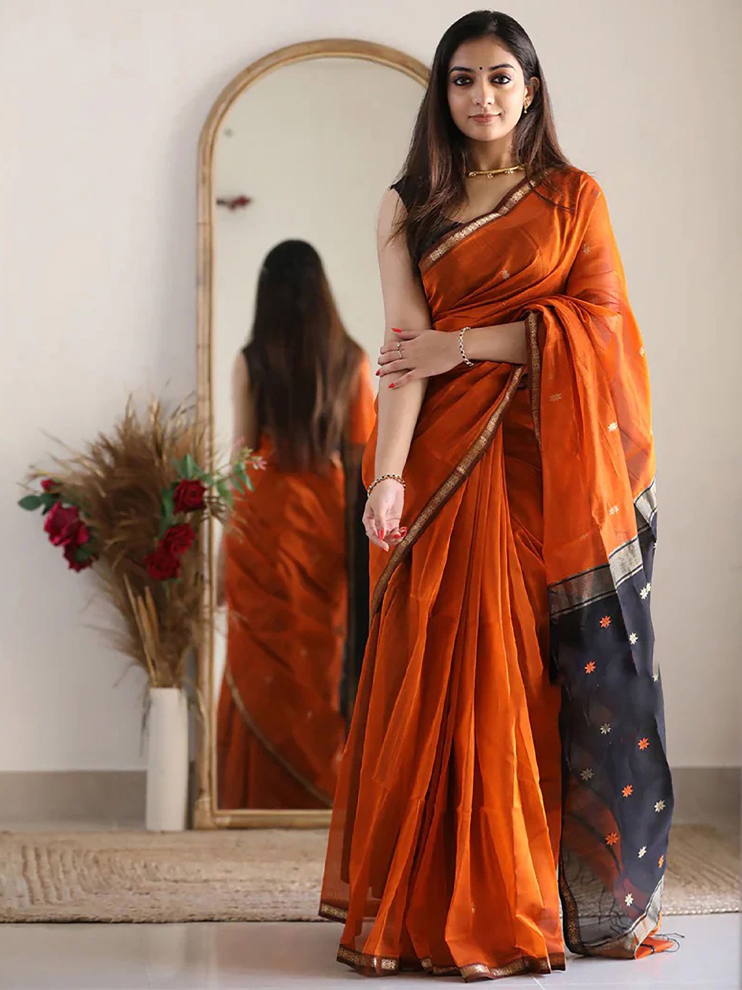 

Anjaneya Sarees Woven Design Zari Silk Blend Designer Banarasi Saree, Orange