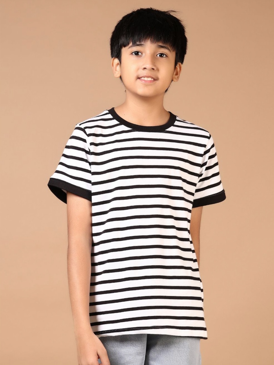 

V-Mart Boys Striped Round Neck Cotton Oversized T-shirt, White