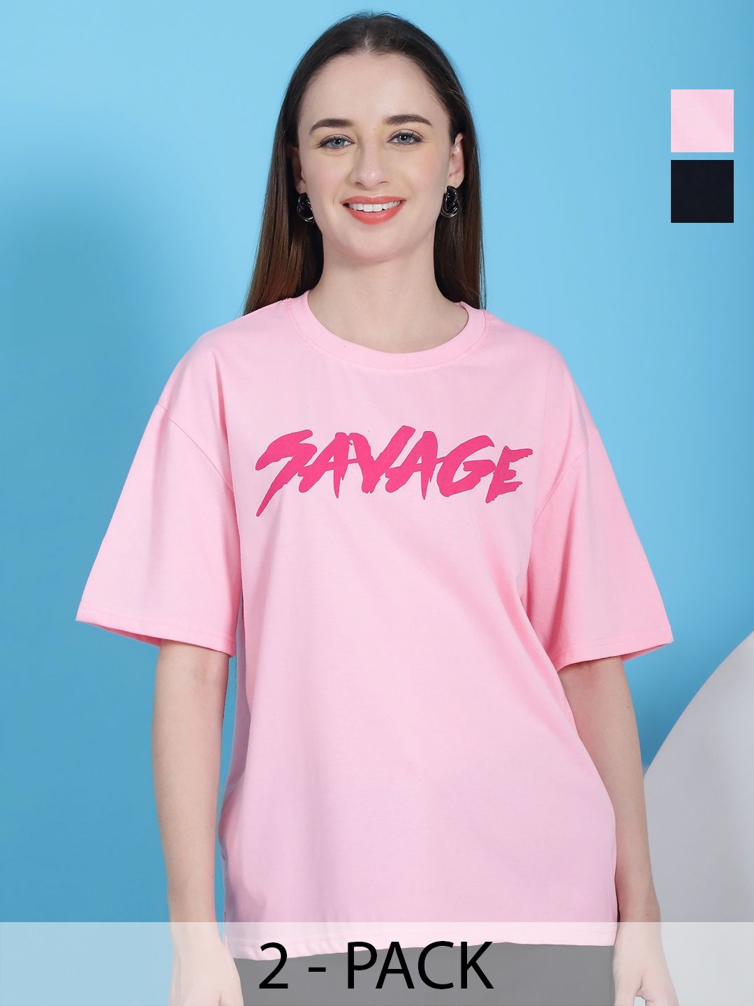 

Dreambe Women Pack of 2 Graphic Printed Round Neck Cotton Relaxed Fit T-shirts, Pink