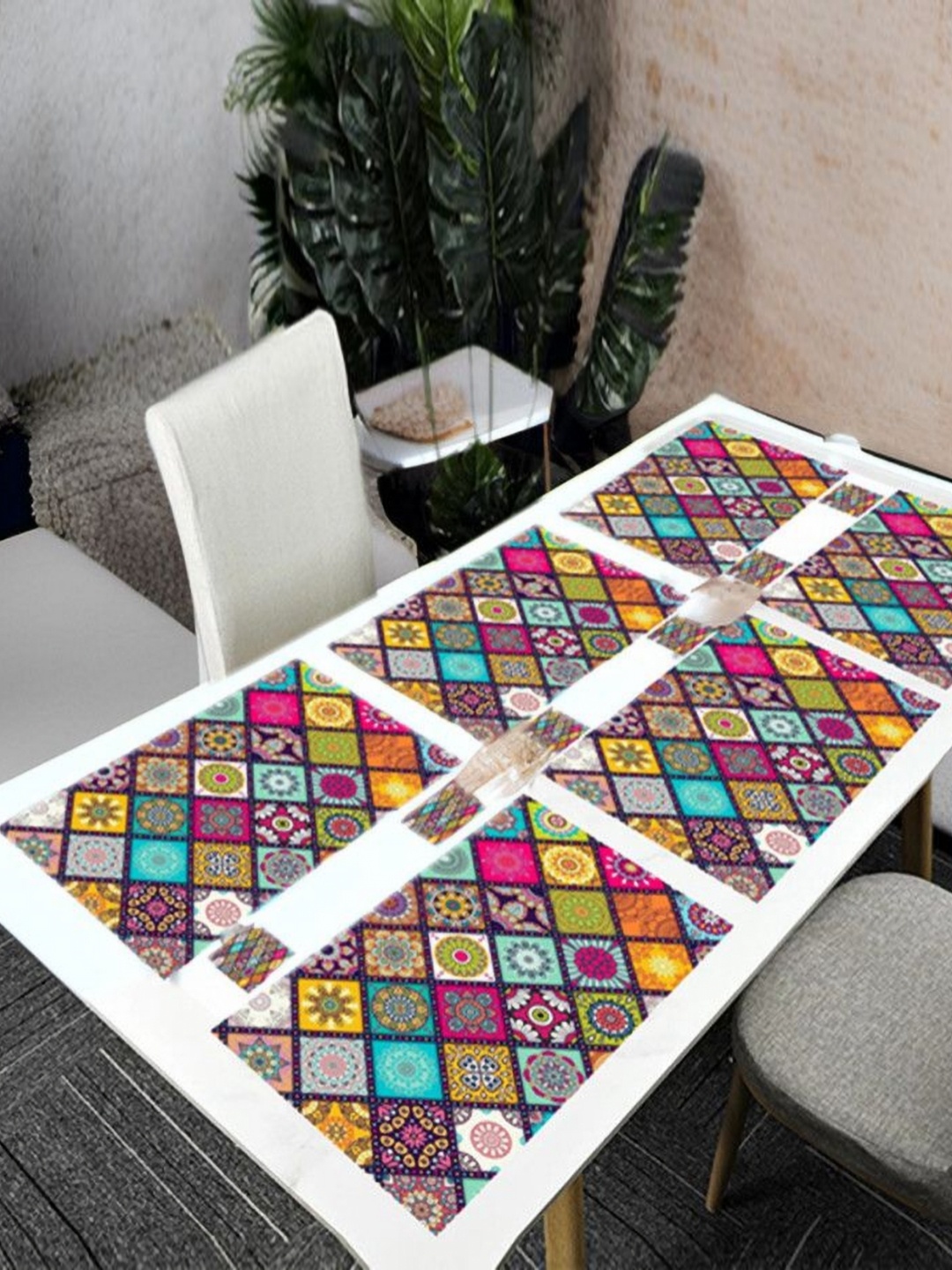 

REVEXO Blue & Pink 12 Pieces Floral Printed Rectangle Table Placemats With Costers