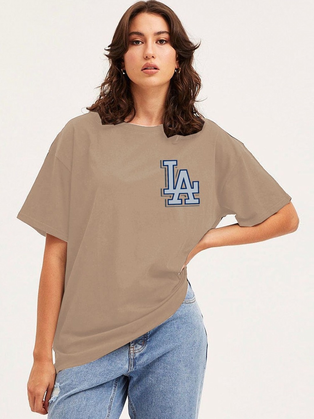 

Moda Rapido Women Typography Printed Round Neck Cotton Oversized T-shirt, Beige