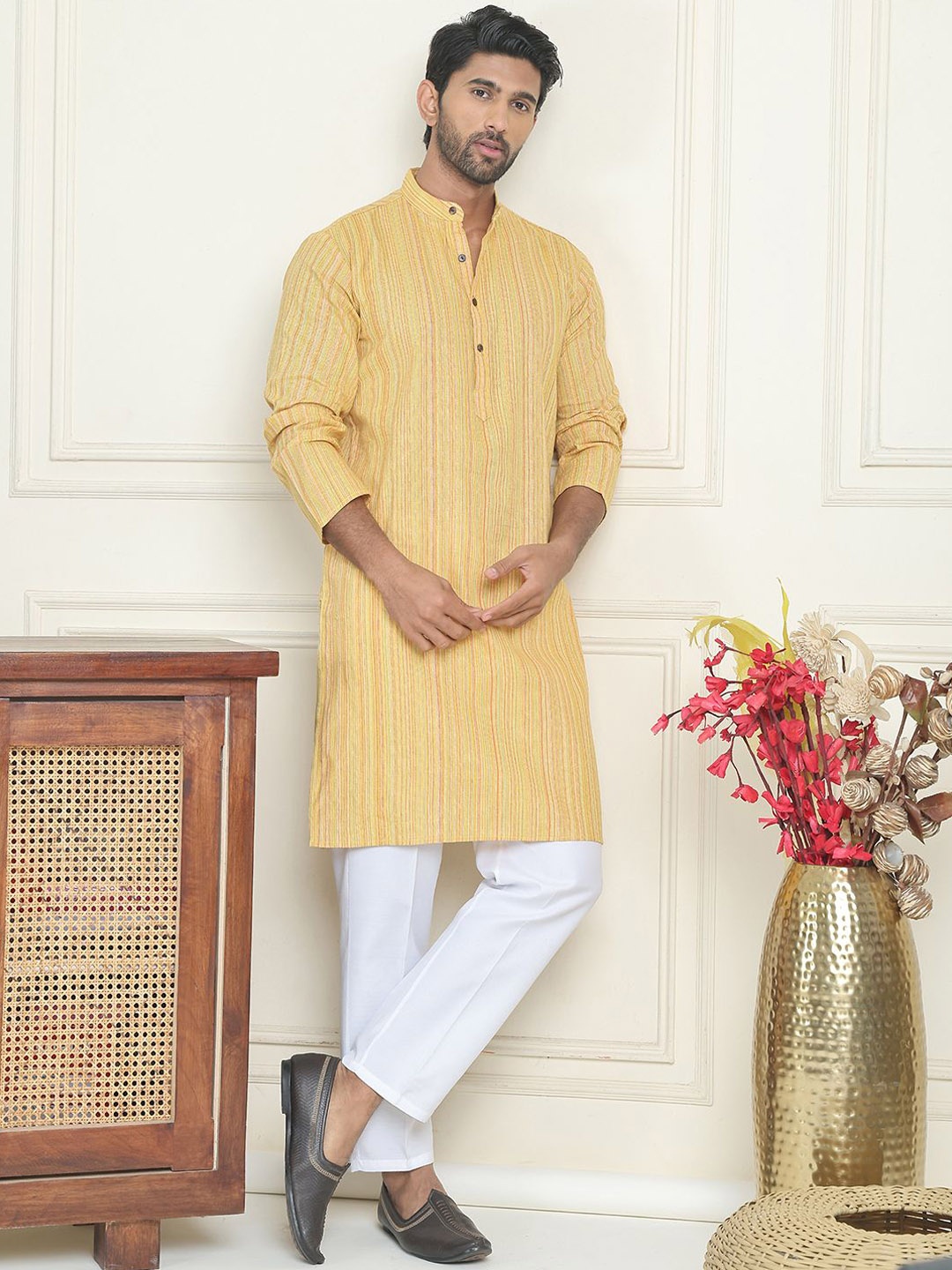 

Anouk Yellow Geometric Woven Design Mandarina Collar Kurta With Trouser