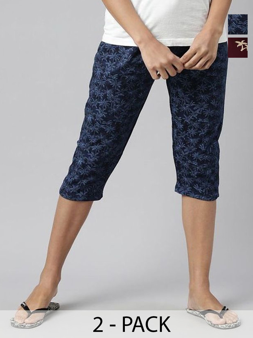

Kryptic Women Pack of 2 Mid-Rise Regular Fit Cotton Printed Capris, Blue