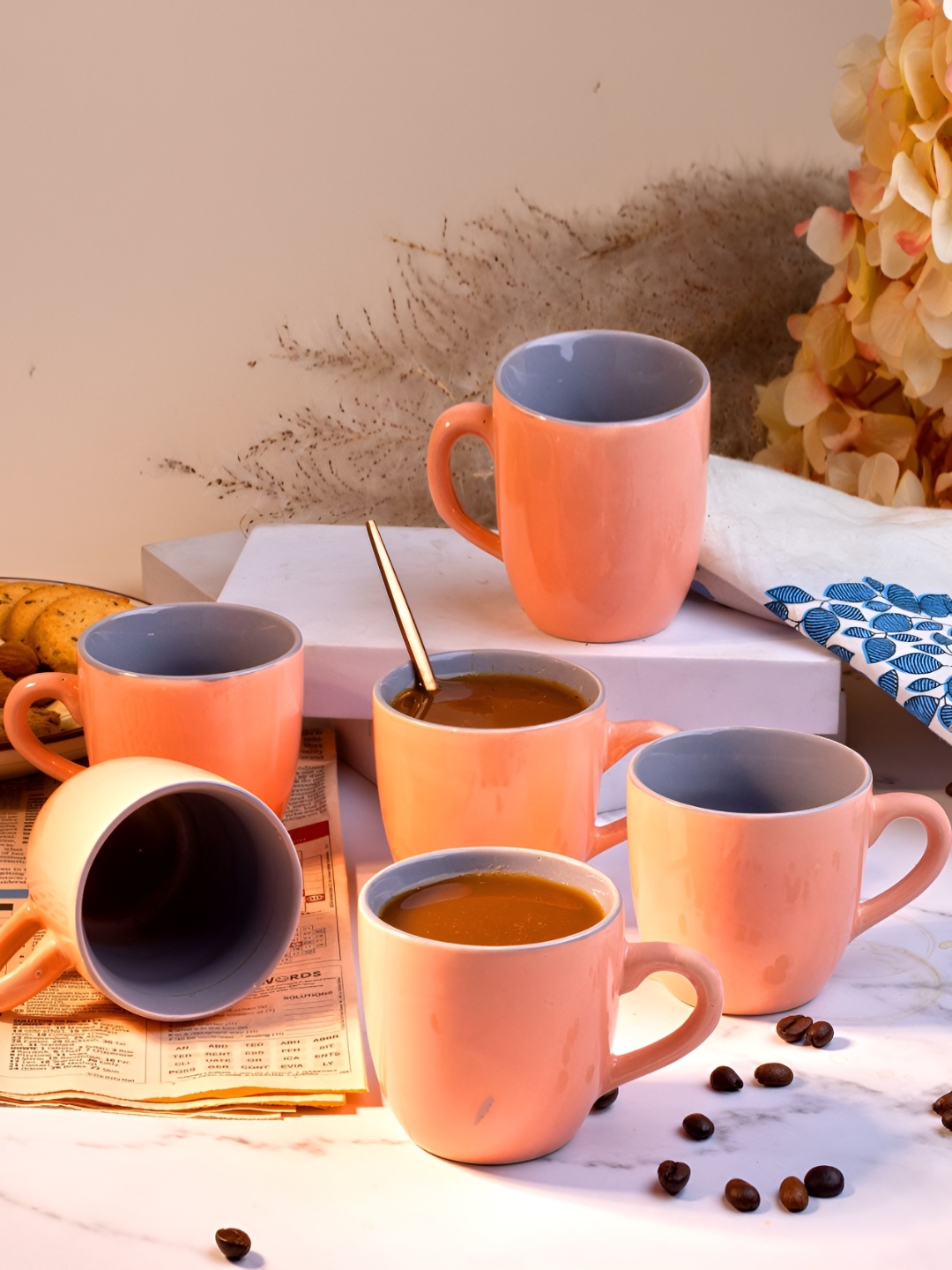 

Storepedia Peach-Coloured & Grey 6 Pieces Ceramic Glossy Cups 150ml Each