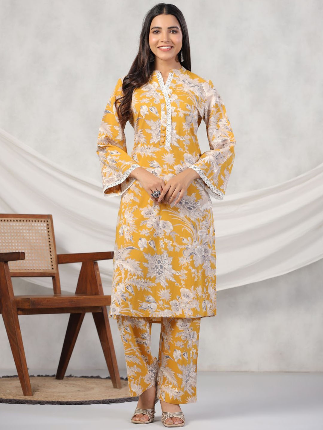 

Sangria Yellow Floral Printed Mandarin Collar Pure Cotton Straight Kurta With Trousers, Mustard