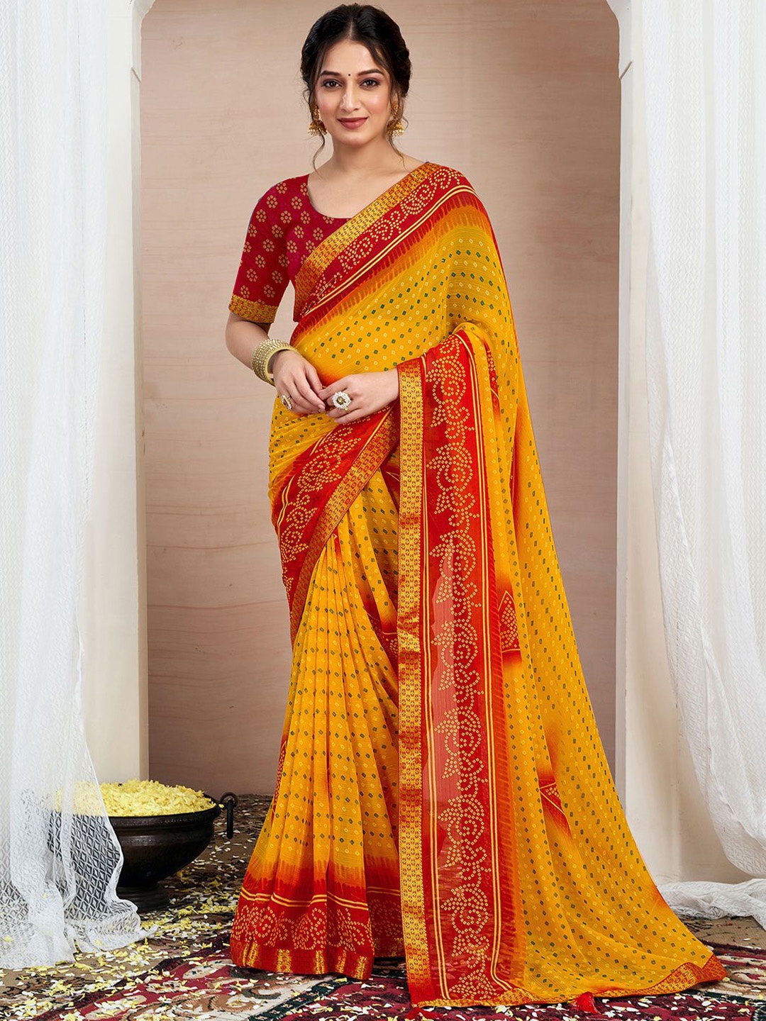 

KALINI Bandhani Zari Pure Chiffon Bandhani Saree, Yellow