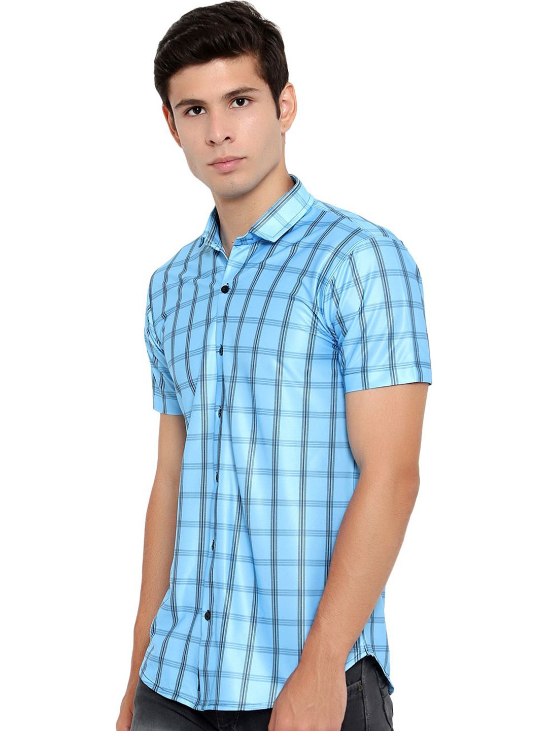 

iCome Men Spread Collar Checked Cotton Linen Casual Shirt, Blue